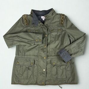 Adorned Chore Coat Womens L Olive Wool Blend Lined Barn Jacket Military Hooded